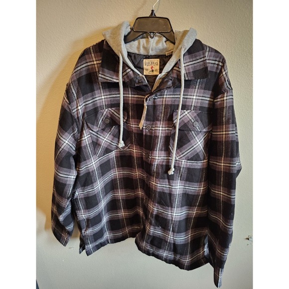 Red Head Brand Quilted, Flannel Jacket, w/Hood, Sz XXL, Full Zipper Black Plaid